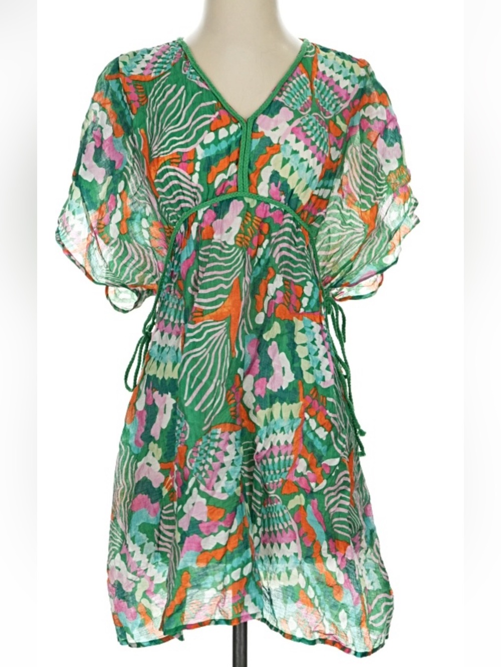 Green Patterned Sheer V-Neck Tunic Dress